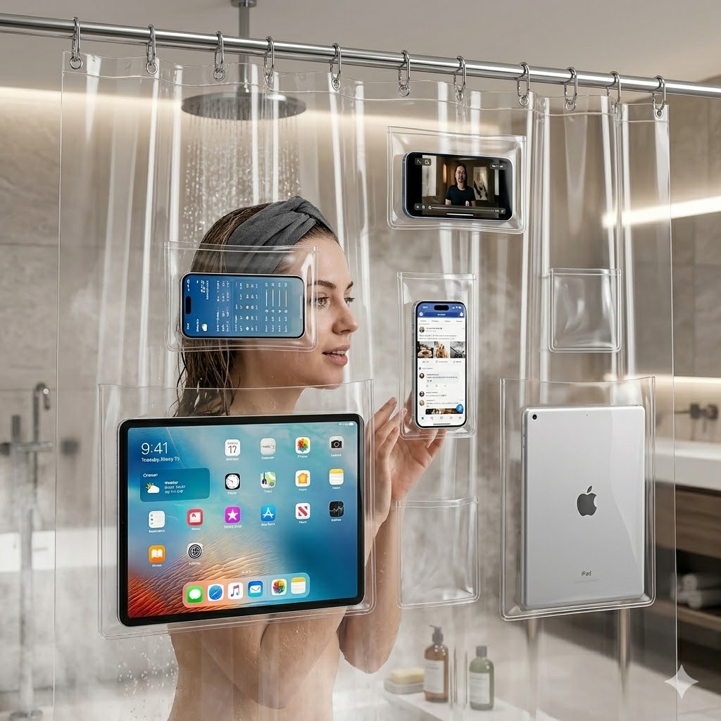 Pocket Shower Curtain, Transparent Thick Waterproof Curtain